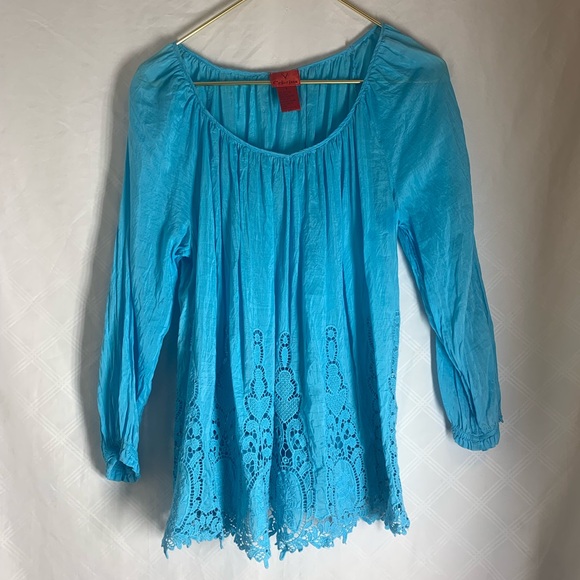 Christina Turquoise Blouse with Lace Hem silk cotton blend western puff top - Picture 1 of 8